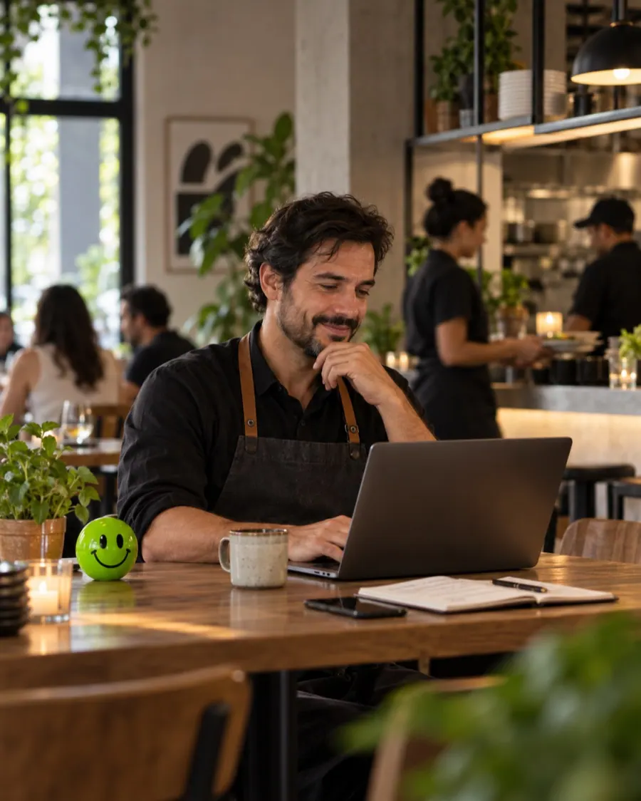 Dueño del restaurante revisando su operación con tranquilidad