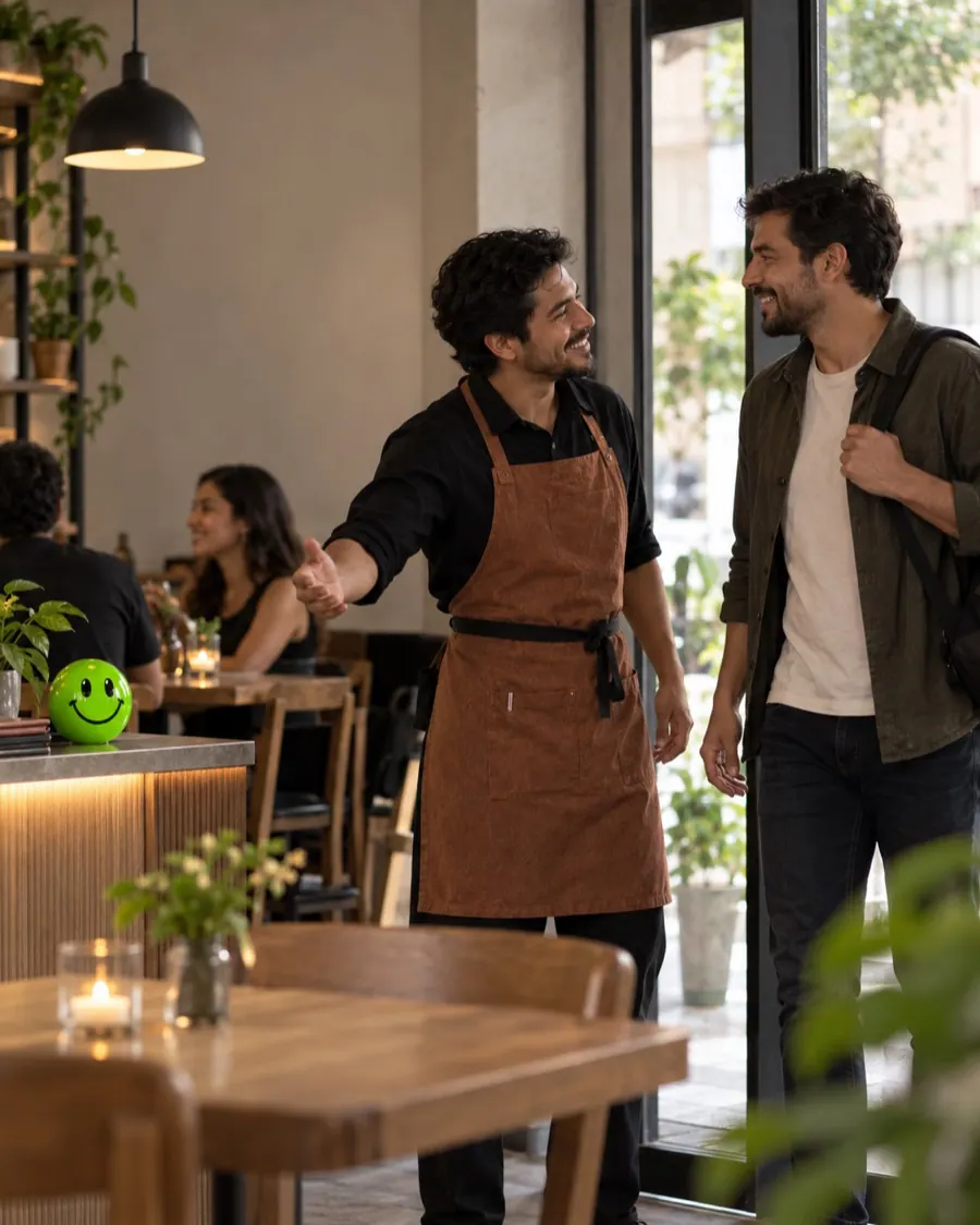 Mesero recibe con cercanía a un cliente que regresa al restaurante