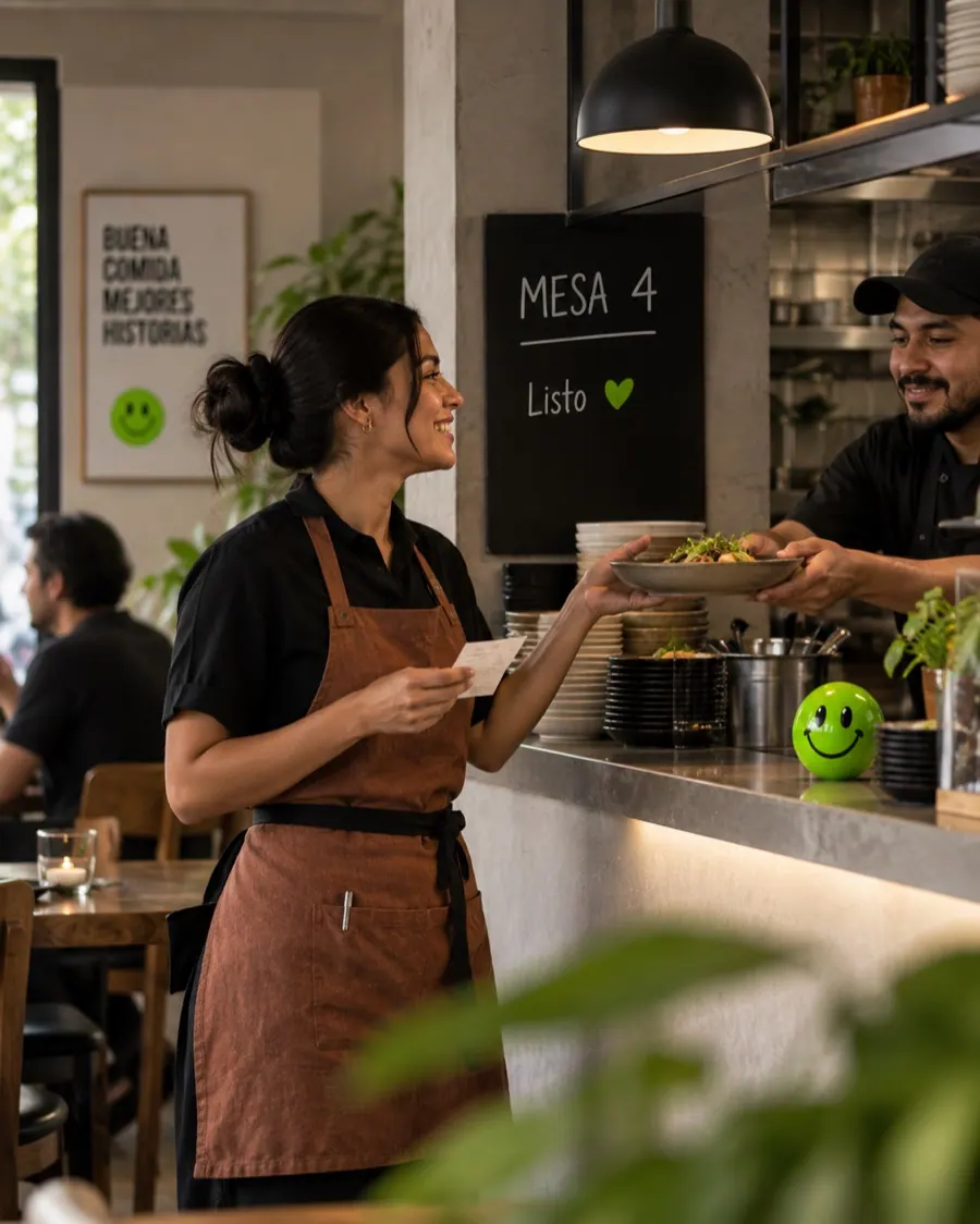 Equipo de restaurante coordinado entregando un plato terminado