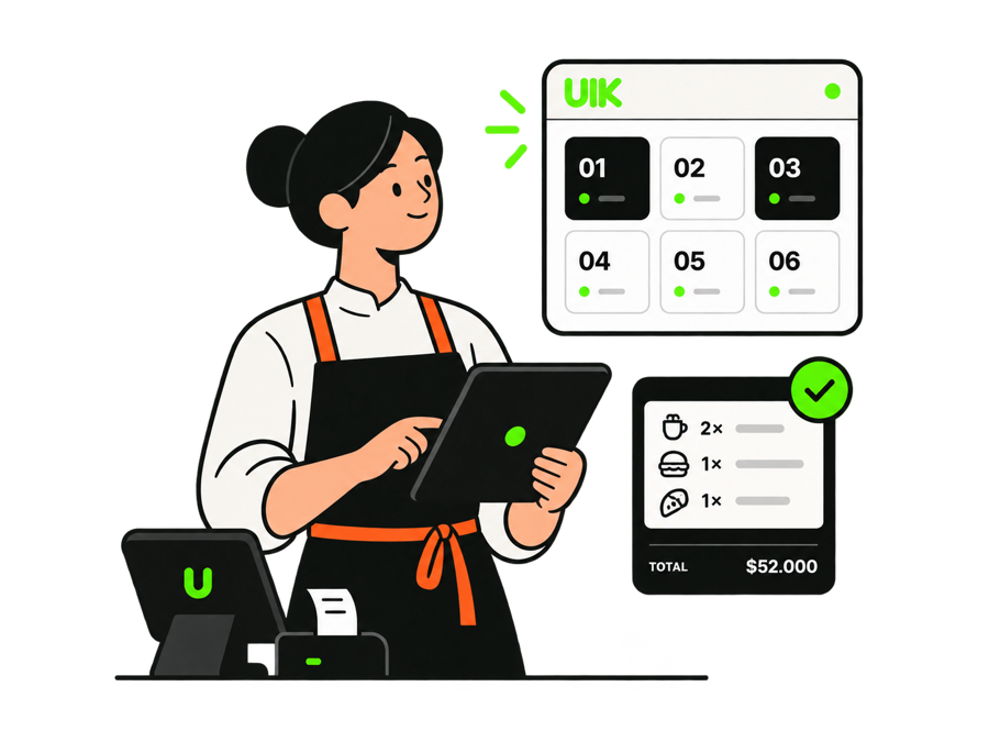 Equipo de caja gestionando mesas, pedidos y cobros con UIK